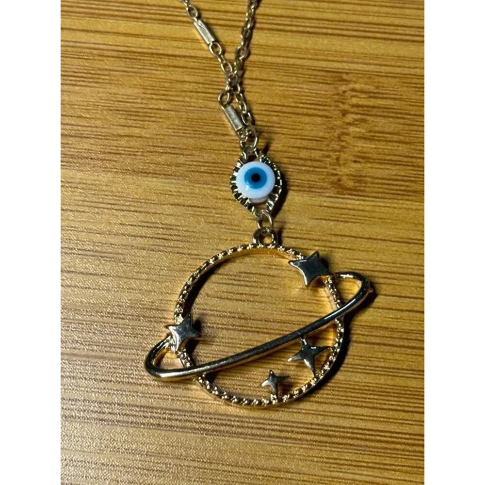 élie Gold Saturn Planet Evil Eye Charm Necklace Celestial NWT New Boho Jewelry